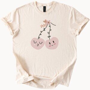 Kawaii Pink Cherries T Shirt with Cute Smiling and Kissing Faces Design